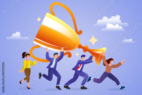 Group of people jumping holding trophy. golden cup and confetti. Business team achievements. Get reward and celebrate. success, leadership, awards. Vector illustration flat style.	
