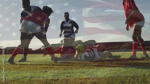 Teen soccer players colliding for ball then dribbling as flag overlay showing possession battle
