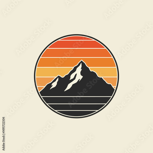 Sunset above mountains peak silhouette. Vintage styled mountain logo or sticker or poster template. Vector illustration