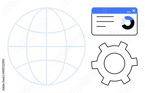 Globe with grid lines, analytics window with pie chart, and gear icon for technology, innovation, and strategy. Ideal for digital transformation, global business, data solutions, tech management