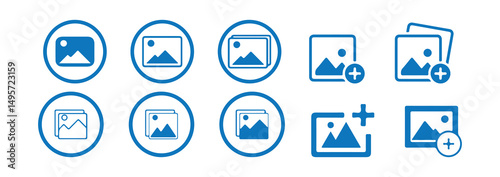 Blue Add photon icon.  Camera icon. Picture icon vector illustration. photo gallery sign and symbol. image icon. Vector Illustration eps 10