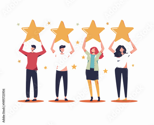 Four diverse individuals joyfully hold aloft golden stars, symbolizing achievement and collective success.