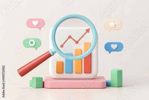 Social Media Community Platform Analytics  Dashboard Overview, Colorful graphic depicting analytics with a magnifying glass, showcasing growth and engagement metrics.