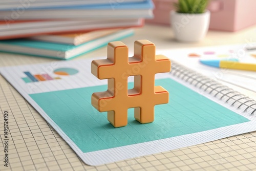 Social Media Community Platform Analytics  Dashboard Overview, A golden hashtag symbol on a notebook, surrounded by colorful stationery items.