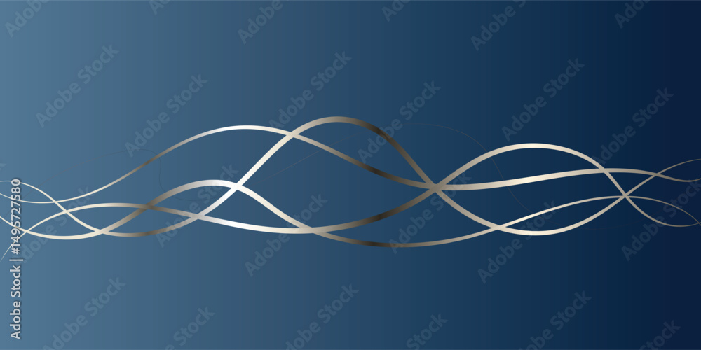 Fototapeta premium Abstract Silver Lines on a Deep Blue Background. This sophisticated abstract image features flowing, silver lines intertwined against a deep navy blue gradient background