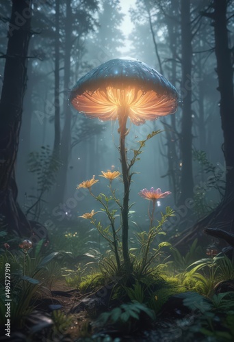 Glowing flora in holographic, misty forest  Eerie alien landscape , world, night, dark