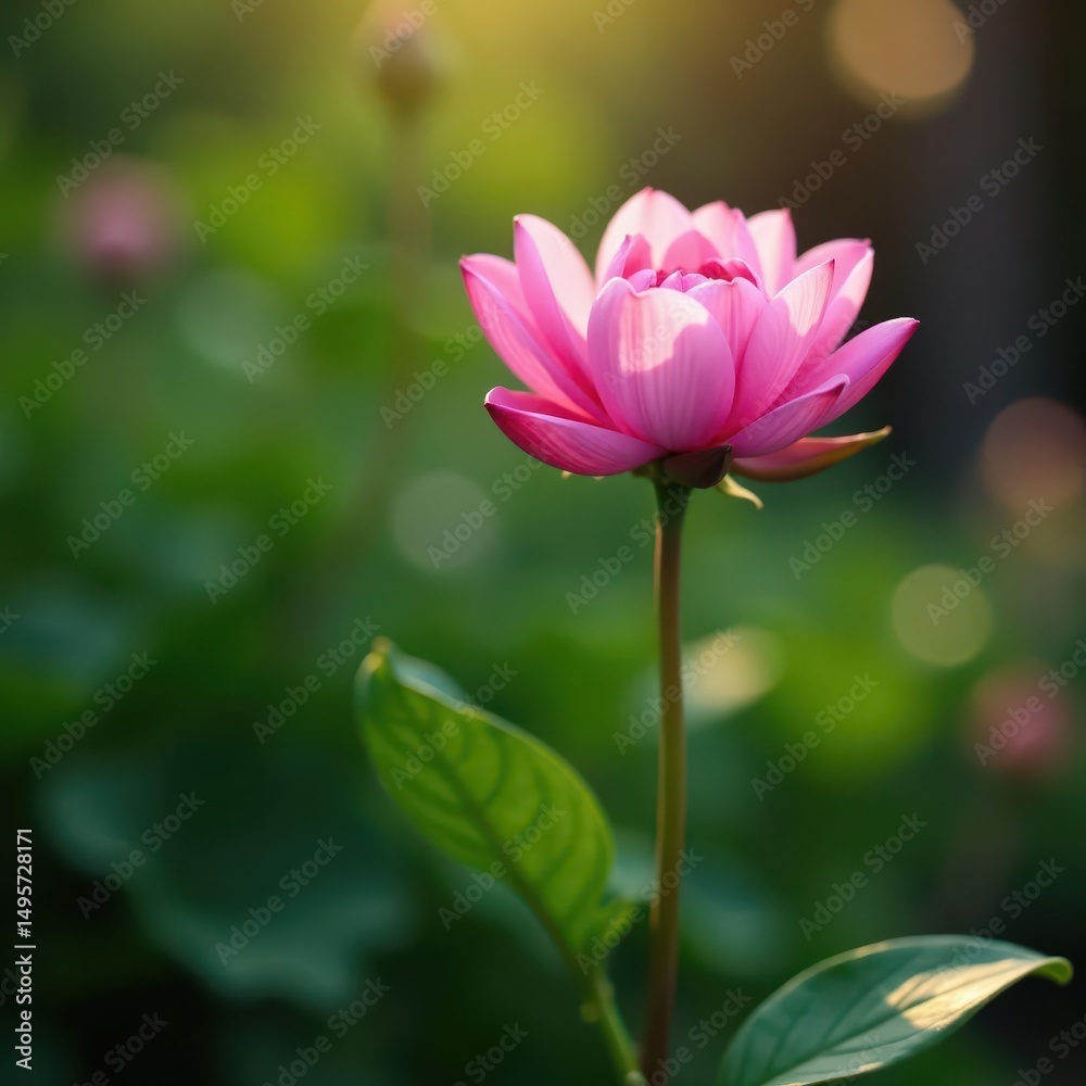 Fototapeta premium A single pink flower, peaceful garden nook Soft light highlights the petals , wallpaper, pretty, pastel