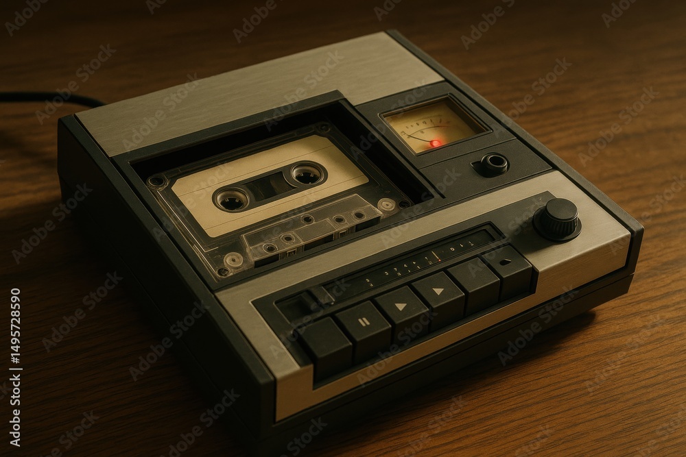 Obraz premium Vintage cassette tape player on wooden table with warm lighting