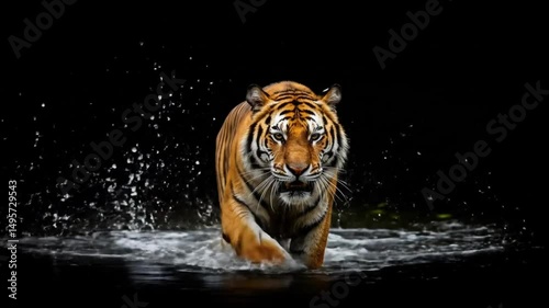 Majestic Tiger on Black Background: A powerful tiger strides confidently towards the camera,