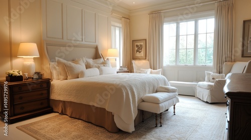 Elegant bedroom interior featuring a large bed, natural light, and neutral tones