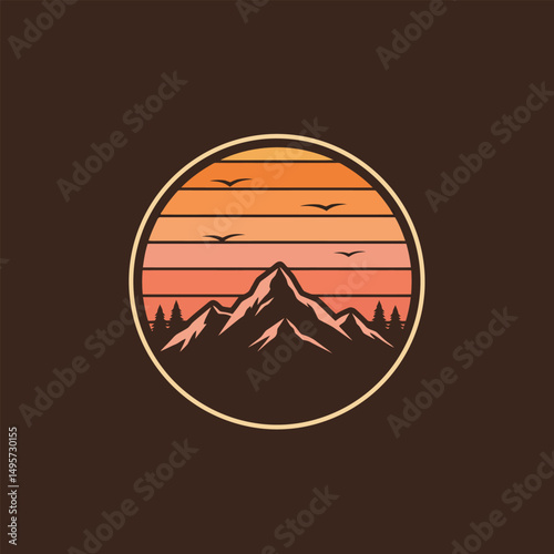 Sunset above mountains peak silhouette. Vintage styled mountain logo or sticker or poster template. Vector illustration