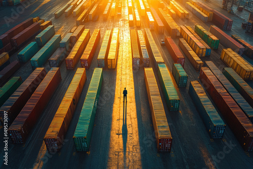 Solitary figure among shipping containers at sunrise in industrial shipping yard