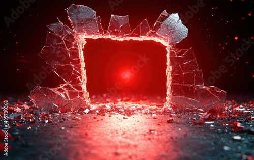 Shattered glass square revealing red light photo