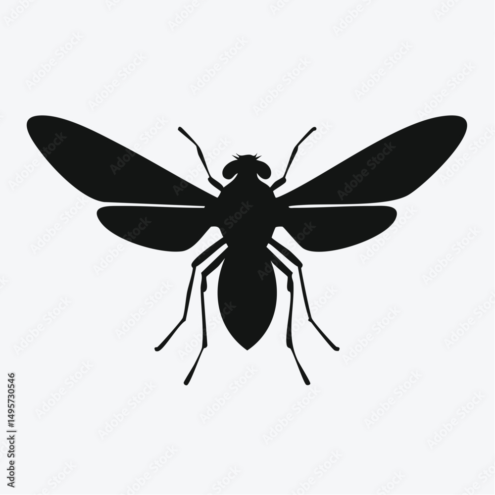 Flying Fly Silhouette — Flat 2D Vector with Dynamic Wing Pose Flying Fly Silhouette — Flat 2D Vector with Dynamic Wing Pose