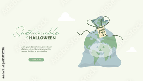 Sustainable Halloween Eco-Friendly Earth bag. zero waste bag with Earth-shaped pumpkin design promoting sustainable Halloween practices and environmental consciousness. Flat design.Vector illustration