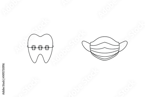 Outline of a tooth with braces and a protective face mask for dental health care