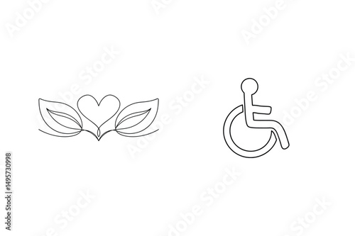 Minimalist continuous line drawing of a heart with leaves and a wheelchair symbol