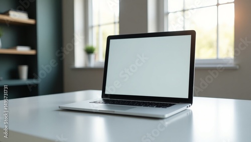 A modern laptop on a minimalist desk, displaying a responsive website design, with natural lighting and a blurred background, for laptop mockup