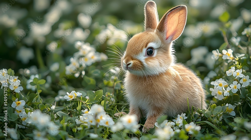 Fototapeta premium A fluffy rabbit sitting amidst a field of blooming flowers