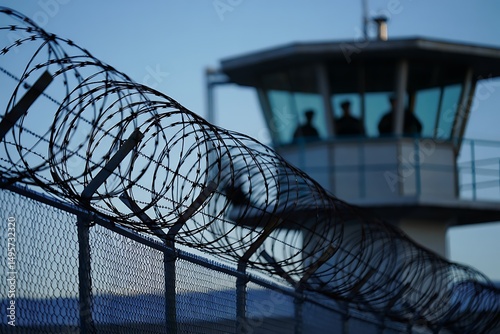 Barbed Wire and Prison Guard Tower under Blue Sky