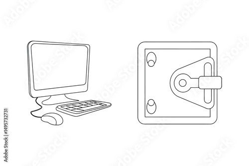 Desktop computer and safe vector illustration security and data protection concept white background