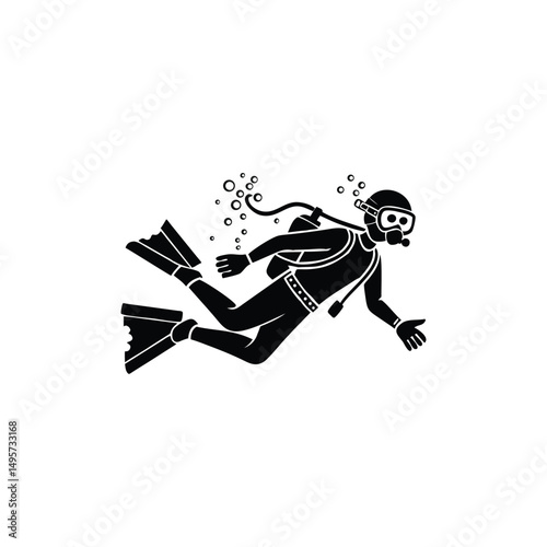 Dynamic Scuba Diver Silhouette with Speargun Black Vector Art, Isolated on White Background