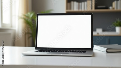 A modern laptop on a minimalist desk, displaying a responsive website design, with natural lighting and a blurred background, for laptop mockup