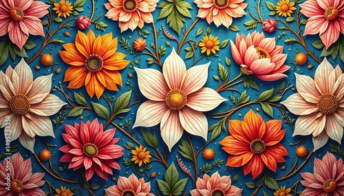 Intricate floral textile with repeating motif, print, texture, textile