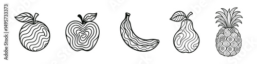 Monochrome Patterned Fruit Vector Illustration. Monochrome vector illustration featuring a collection of fruits with intricate patterns, including an orange, apple, banana, pear, and pineapple. 