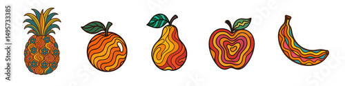 Colorful Abstract Fruit Vector Illustration Set. A vibrant collection of abstract fruit illustrations featuring a pineapple, orange, pear, apple, and banana. Each fruit showcases intricate patterns 