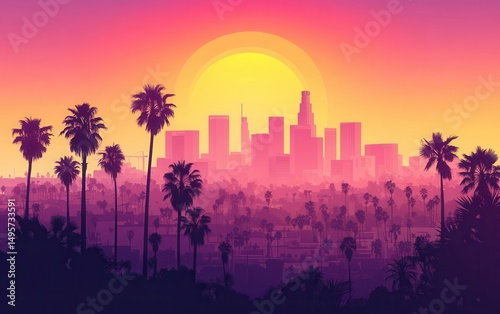 los angeles skyline at sunset, silhouette with palm trees
