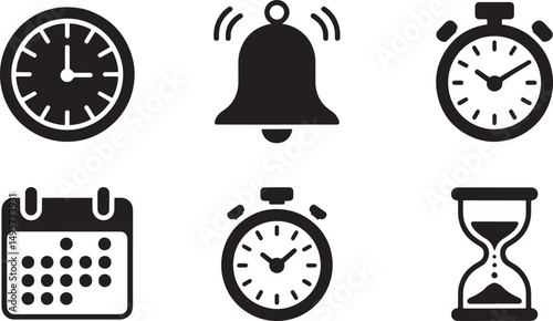 A collection of time management icons representing clock calendar stopwatch hourglass and bell