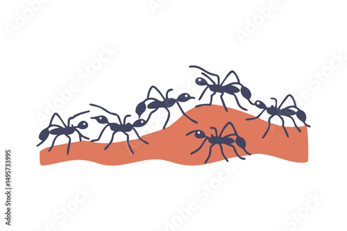 Marching Ant Colony Abstract Vector Illustration, Minimalist Colony March, Tiny Silhouettes Over Unique Terrain, Isolated on White.