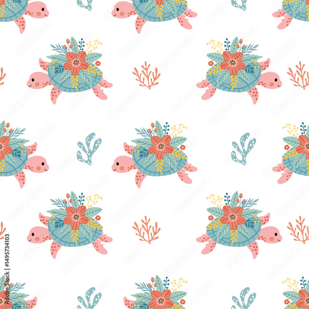 custom made wallpaper toronto digitalSeamless watercolor pattern with cute turtles and flowers. Hand-painted in soft colors, isolated on white background. Perfect for kids’ textiles, nursery decor, wrapping paper, and stationery.