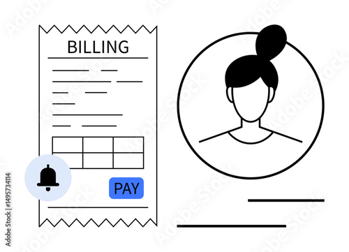 Receipt labeled Billing with payment button, notification bell, and user profile icon. Ideal for finance, invoicing, payments, subscriptions, notifications accounts digital tools. Flat simple