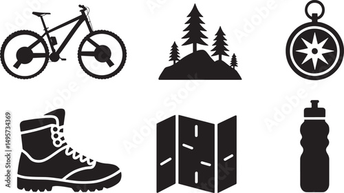 Black and white silhouettes of outdoor adventure hiking and mountain biking elements