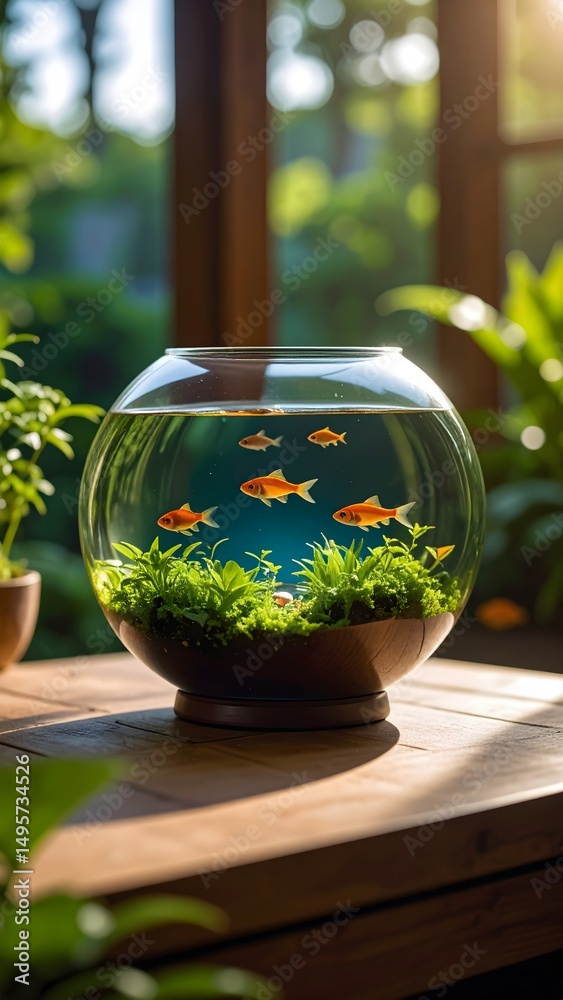 Goldfish in Round Aquarium with Plants