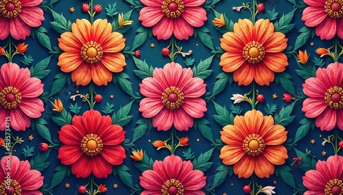 Intricate floral design, repeating seamlessly , print, colorful, background