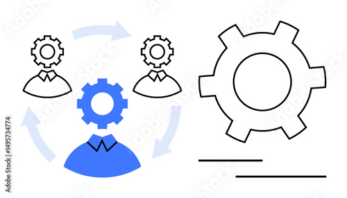 Team members connected by arrows with gears above, symbolizing collaboration, workflow, and process optimization. Ideal for teamwork, business strategy, efficiency, innovation, cooperation project