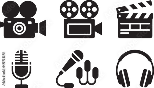 Iconic black and white symbols of film production cinematography and sound recording equipment