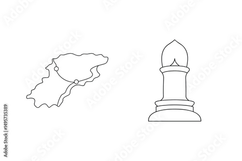 Minimalist black outline illustration of map and chess bishop piece on a white background