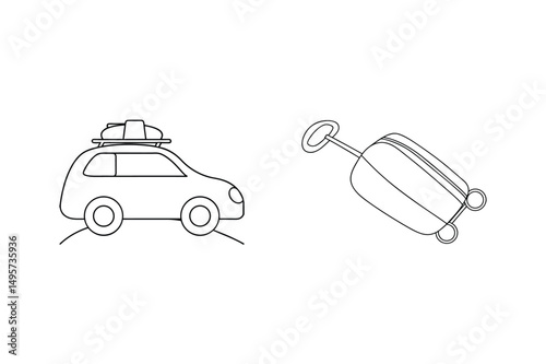 Simple outlined illustration depicting car with luggage on the roof and suitcase ready for travel