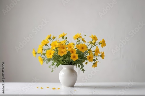 Bright yellow flowers in a vase on a white table , spring, decor
