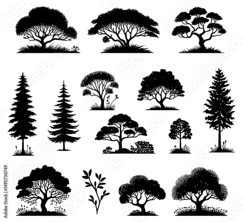 set of silhouettes of trees in black color