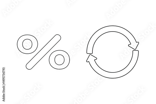 Percentage symbol and circular arrows representing recycling or renewal in vector outline style