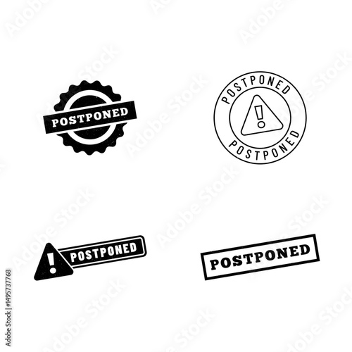 Set of Postponed stamp symbol, label sticker sign button, text banner  illustration.