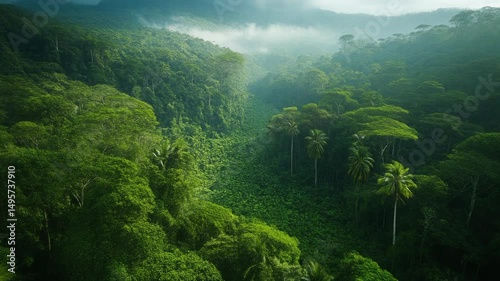 Aerial footage of a green lush rainforest with mist 