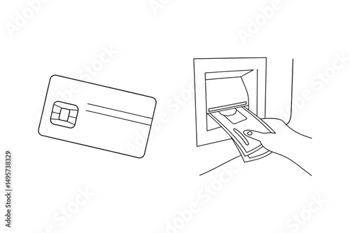 Credit card and cash withdrawal at an automated teller machine simple black and white illustration