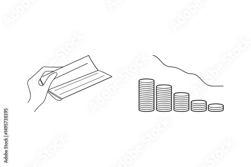 Financial loss concept with declining value depicted by coins and hand holding document