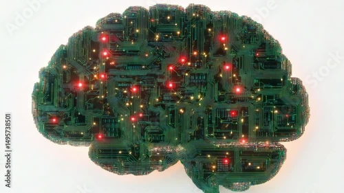 Digital Brain: An eye-level shot reveals a detailed circuit board in the shape of a human brain, featuring glowing red and yellow lights.